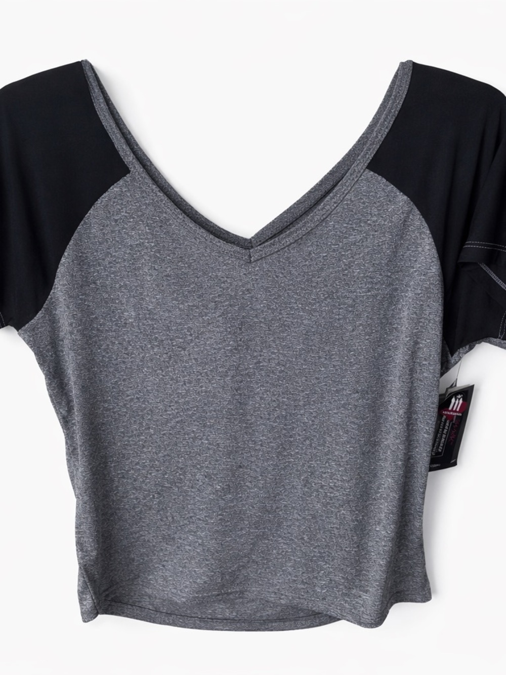 Women’s Gray V-Neck Active Top with Black Raglan Sleeves